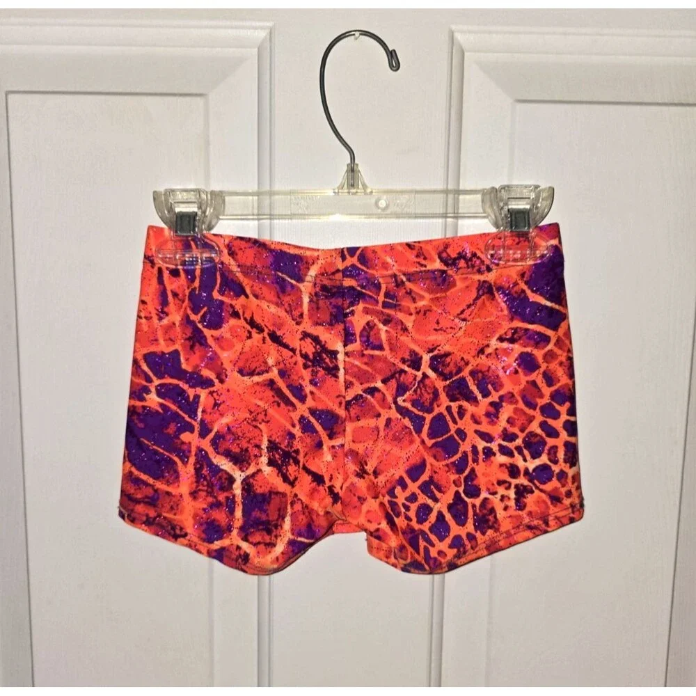 Motionwear Orange Purple Lava Crackle Dance Gym Shorts SA, Fits like Large Child